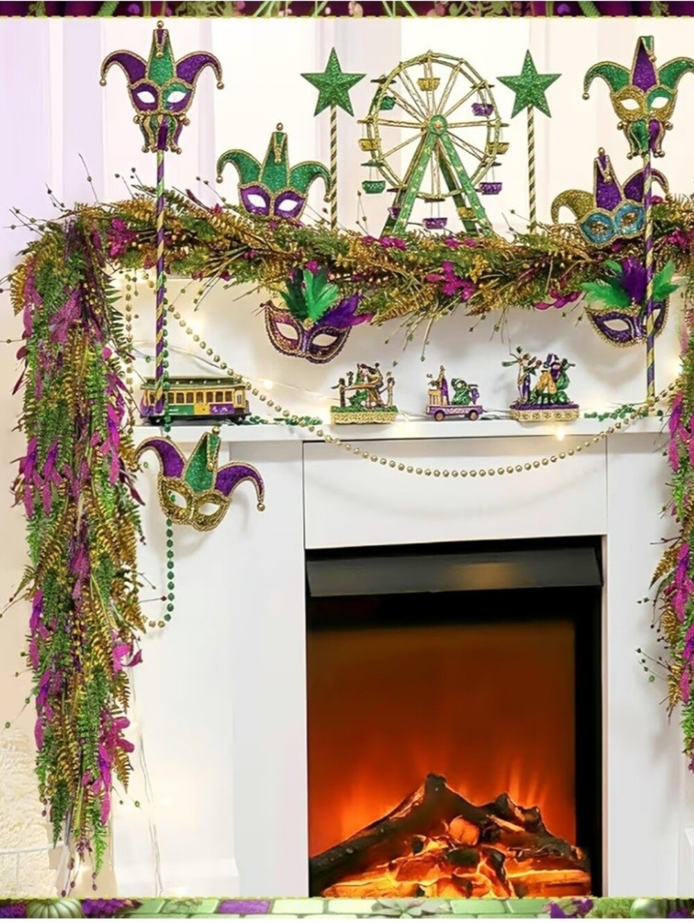Mardi Gras Purple & Green Fireplace Garland Set. 5.9 FT. NEW.